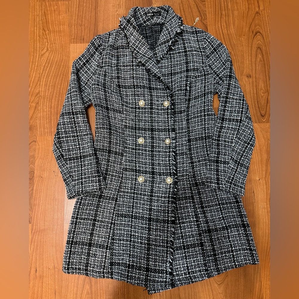SHEIN Black and White Plaid Pea Coat